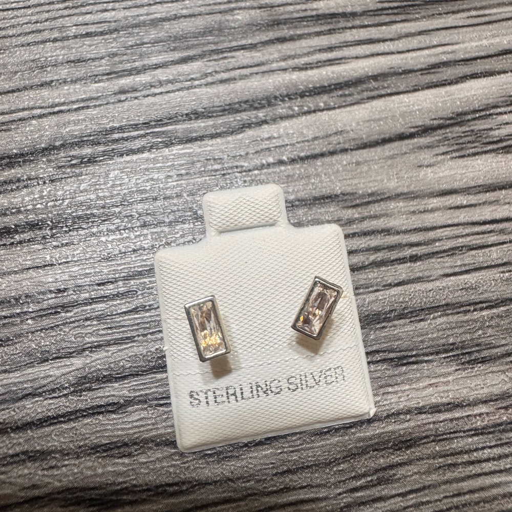 Sterling Silver Rectangular CZ Stud Earrings - Clear